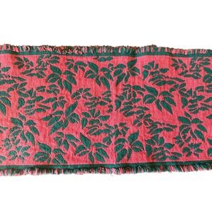 Vintage Table Runner Hand Woven Fringe  Pink Green Floral 63" x 12"